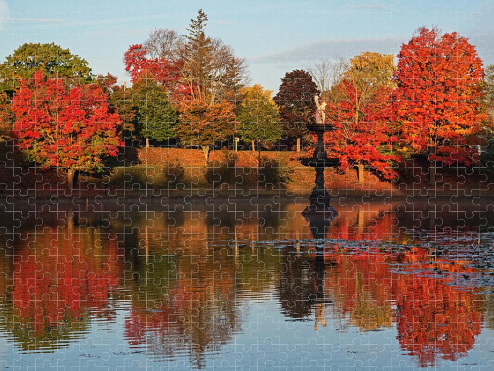 Newburyport Jigsaw Puzzle featuring the photograph Vibrant Fall Colors on the Newburyport Frog Pond Newburyport Massachusetts Fountain by Toby McGuire