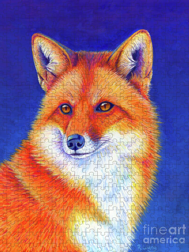 Red Fox Jigsaw Puzzle featuring the painting Vibrant Flame - Colorful Red Fox by Rebecca Wang