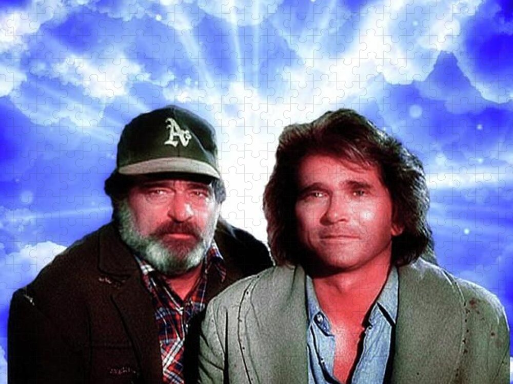 Michael Landon Jigsaw Puzzle featuring the mixed media Victor French and Michael Landon - Real Angels Now by Teresa Trotter