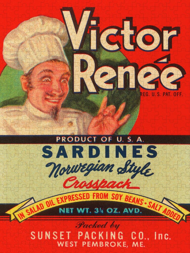Vintage Jigsaw Puzzle featuring the drawing Victor Renee Sardines by Vintage Food Labels