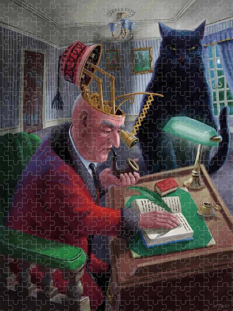 Writing Jigsaw Puzzle featuring the digital art Victorian author at writing desk with giant cat by Martin Davey