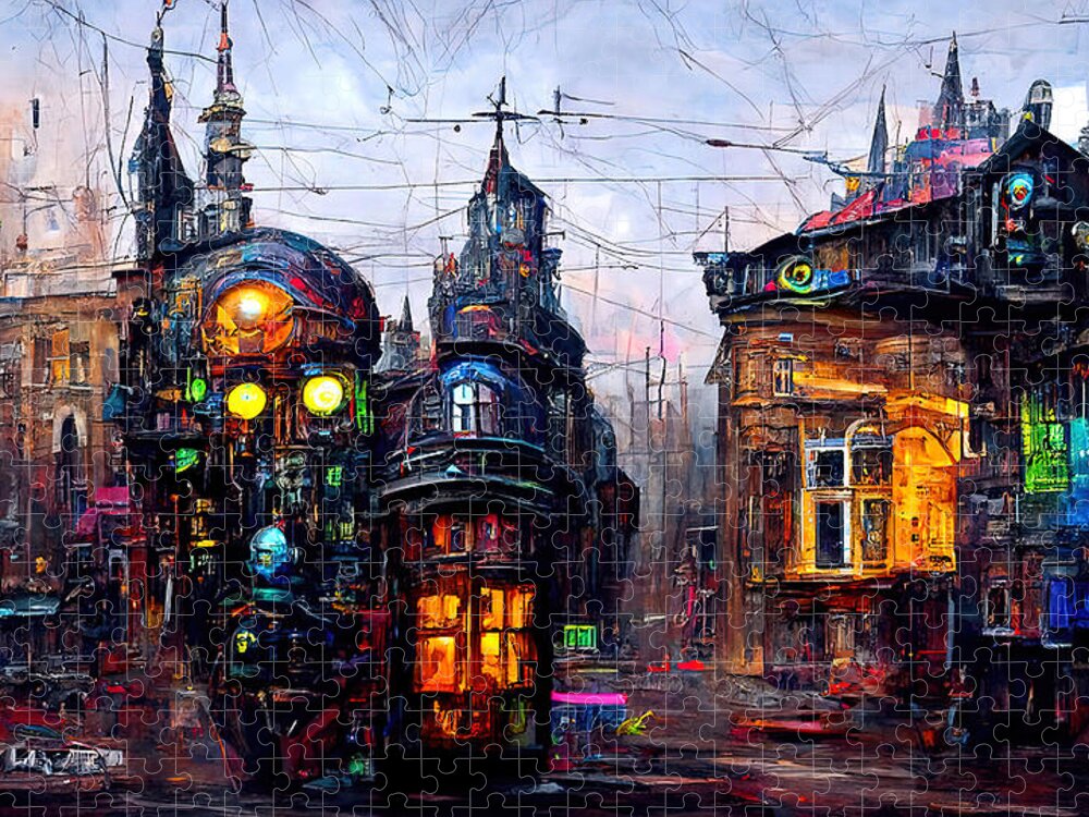 Steampunk Jigsaw Puzzle featuring the painting Victorian Steampunk City, 02 by AM FineArtPrints