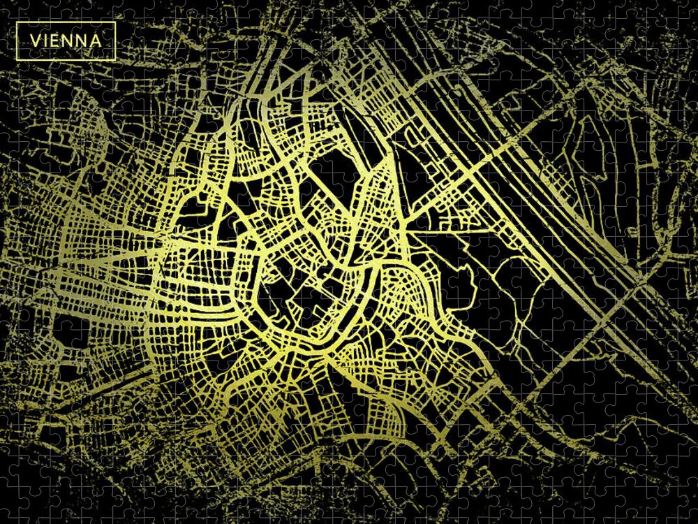 Map Jigsaw Puzzle featuring the digital art Vienna Map in Gold and Black by Sambel Pedes