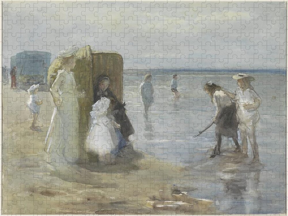 Vintage Jigsaw Puzzle featuring the painting View along the tide line on the Scheveningen beach, with two ladies and children, Johan Antonie de J by MotionAge Designs