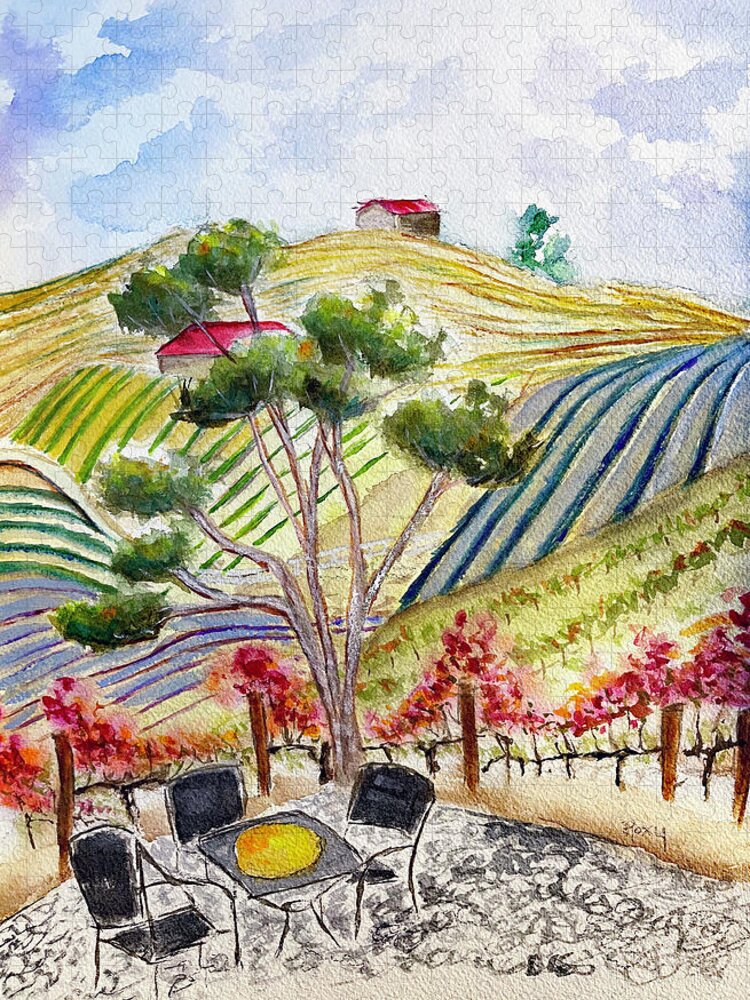 View Jigsaw Puzzle featuring the painting View from the patio at Gershon Bachus Vintners by Roxy Rich
