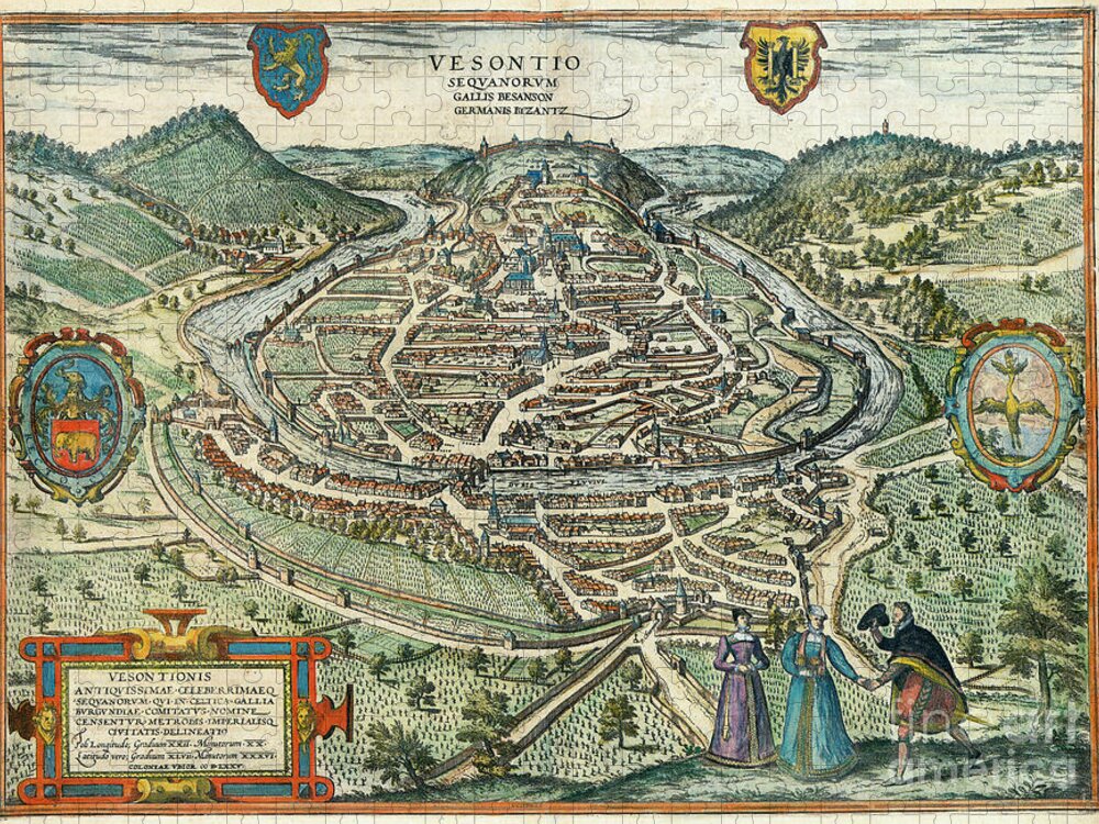 1575 Jigsaw Puzzle featuring the drawing View Of Besancon, France, 1575 by Georg Braun and Franz Hogenberg