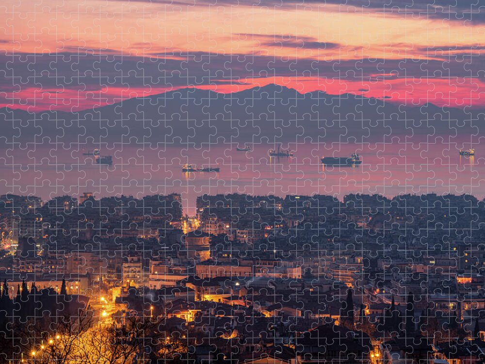 Thessaloniki Jigsaw Puzzle featuring the photograph View of Thessaloniki City in Greece and Mount Olympus at Dusk by Alexios Ntounas