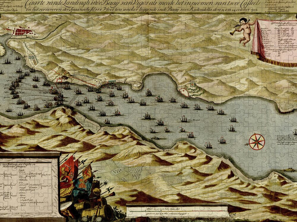 Maps Jigsaw Puzzle featuring the drawing Vigos Spain 1700 Battle of Vigo Bay by Vintage Maps