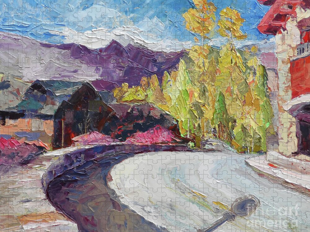 Telluride Village Jigsaw Puzzle featuring the painting Village Bridge, 2018 by PJ Kirk