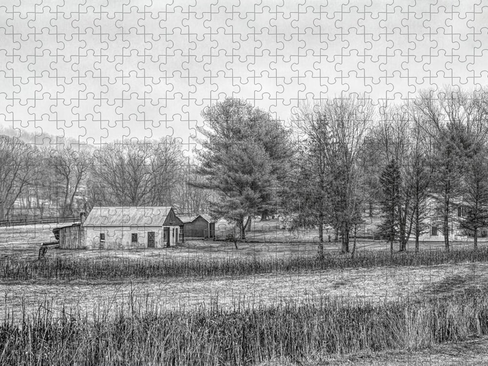 Farm House Jigsaw Puzzle featuring the photograph Village Farmhouse in black and white by Steve Ladner