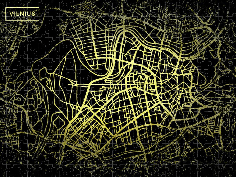 Map Jigsaw Puzzle featuring the digital art Vilnius Map in Gold and Black by Sambel Pedes