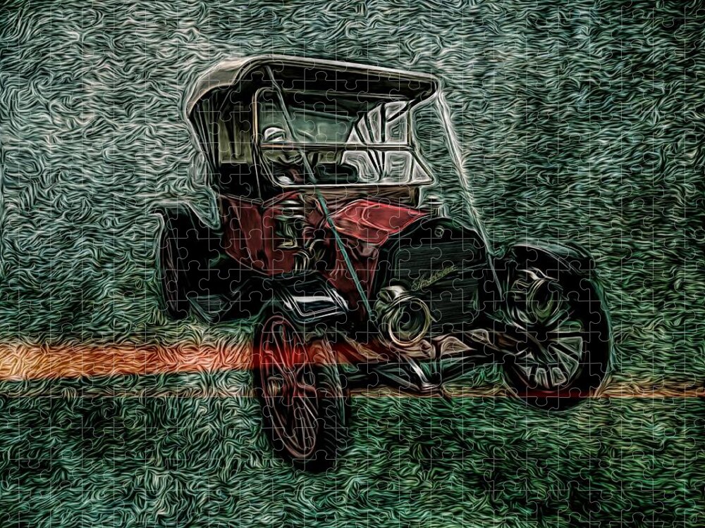 Classic Cars Jigsaw Puzzle featuring the mixed media Vintage 1908 Studebaker Soft Top Motorcar Red by Joan Stratton