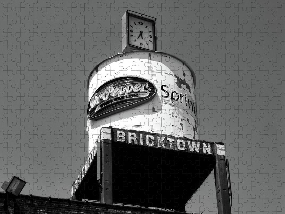 Oklahoma City Jigsaw Puzzle featuring the photograph Vintage Bricktown Water Tower in Monochrome - Oklahoma City by Gregory Ballos