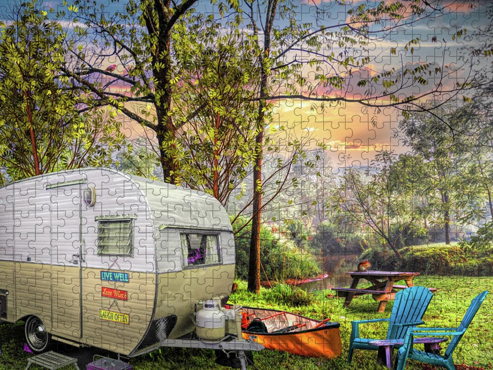 Camper Jigsaw Puzzle featuring the photograph Vintage Camping at the Creek by Debra and Dave Vanderlaan