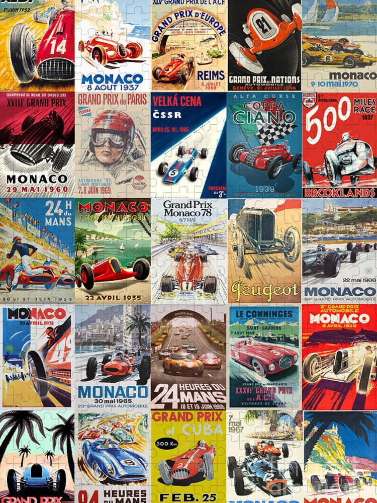 Monaco Jigsaw Puzzle featuring the digital art Vintage Cars Races Posters Collage by Carlos V