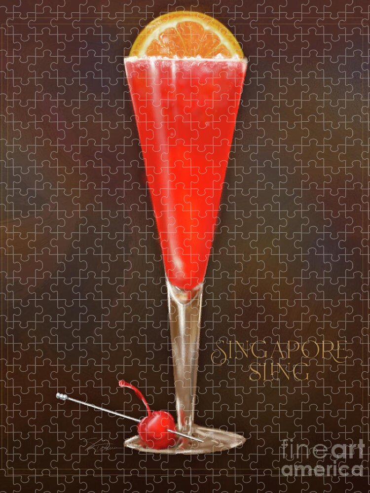 Vintage Jigsaw Puzzle featuring the mixed media Vintage Cocktails-Singapore Sling by Shari Warren
