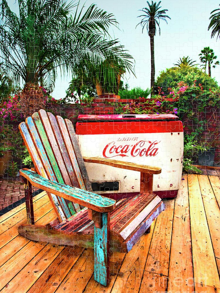Coke Machine Adirondack Chair Jigsaw Puzzle featuring the photograph Vintage Coke Machine With Adirondack Chair by Jerry Cowart