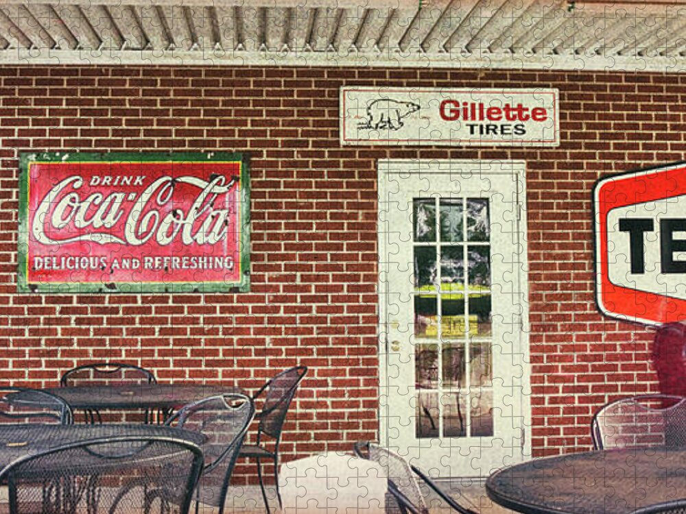 Gas Station Jigsaw Puzzle featuring the photograph Vintage Gas Station Textured by Andrea Anderegg