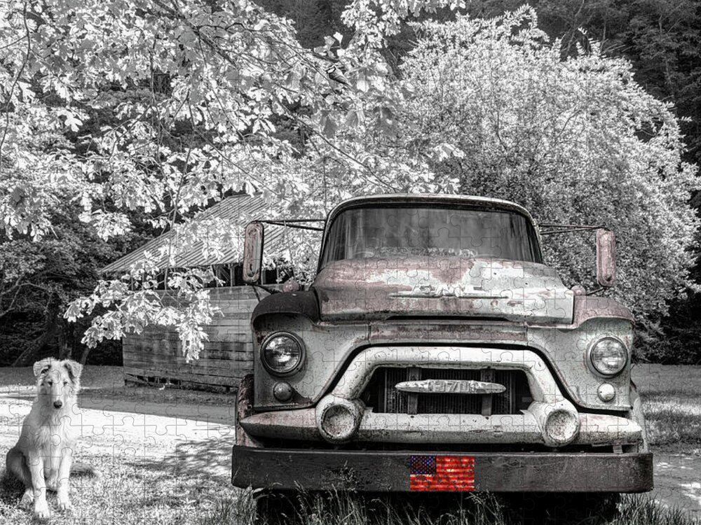 Trucks Jigsaw Puzzle featuring the photograph Vintage in Springtime Black and White and Red by Debra and Dave Vanderlaan