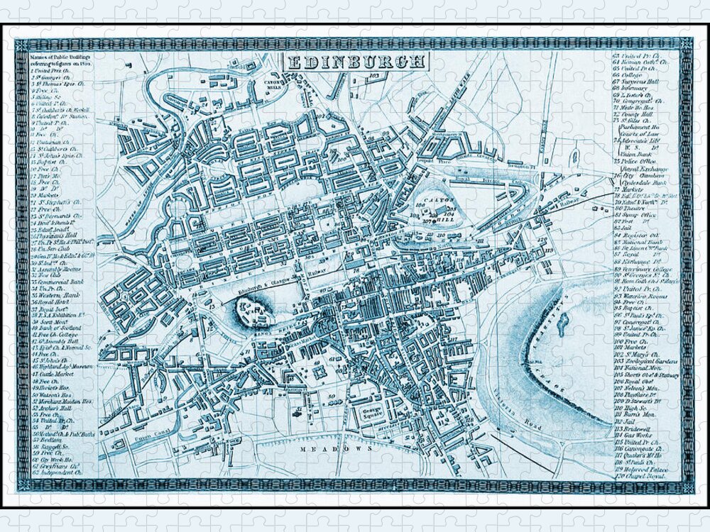 Edinburgh Jigsaw Puzzle featuring the photograph Vintage Map Edinburgh Scotland 1855 Shades of Blue by Carol Japp