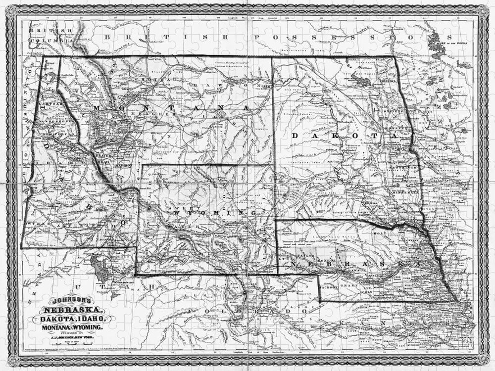 Nebraska Jigsaw Puzzle featuring the photograph Vintage Map Nebraska Dakota Idaho Montana and Wyoming 1865 Black and White by Carol Japp