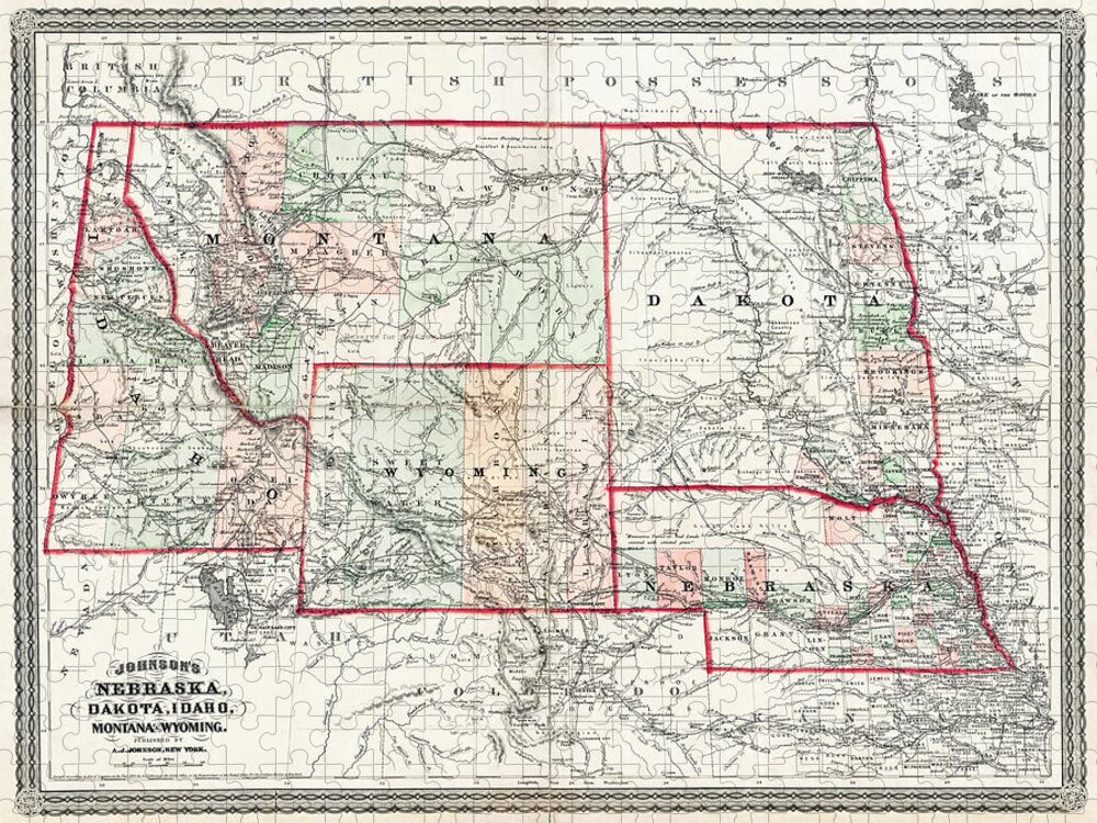 Nebraska Jigsaw Puzzle featuring the photograph Vintage Map Nebraska Dakota Idaho Montana and Wyoming 1865 by Carol Japp