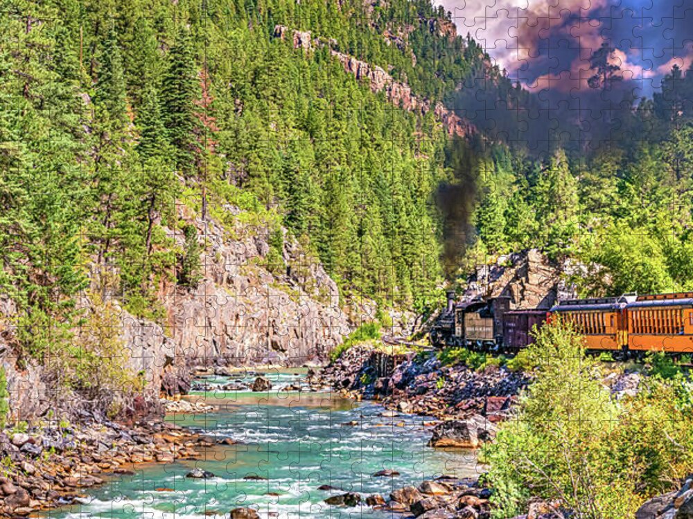 Colorado Train Jigsaw Puzzle featuring the photograph Vintage Mountain Train Panorama - Durango and Silverton Railroad by Gregory Ballos