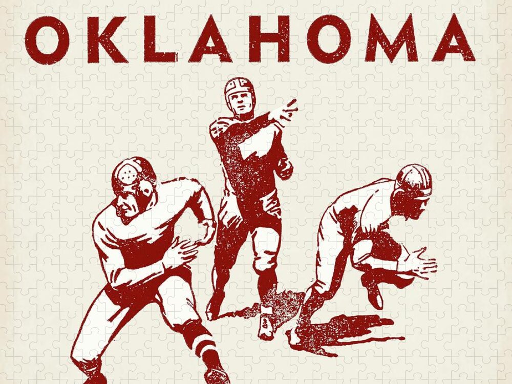Oklahoma Jigsaw Puzzle featuring the mixed media Vintage Oklahoma Football Art by Row One Brand