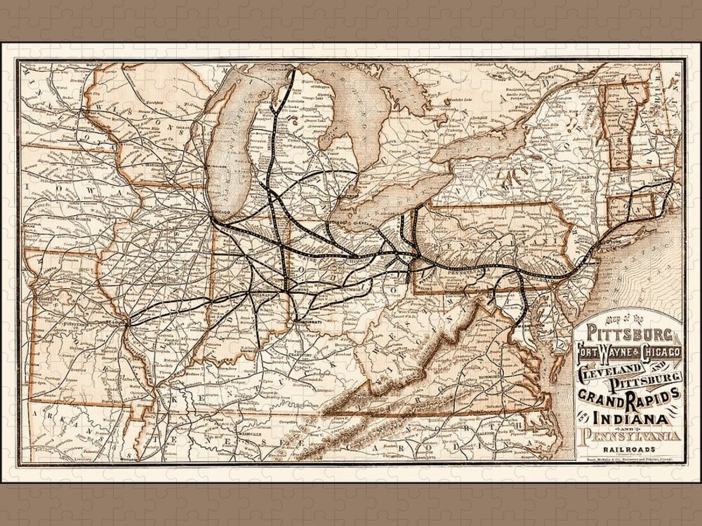 Railroad Jigsaw Puzzle featuring the photograph Vintage Railroad Map 1874 Pittsburgh and Beyond Sepia by Carol Japp