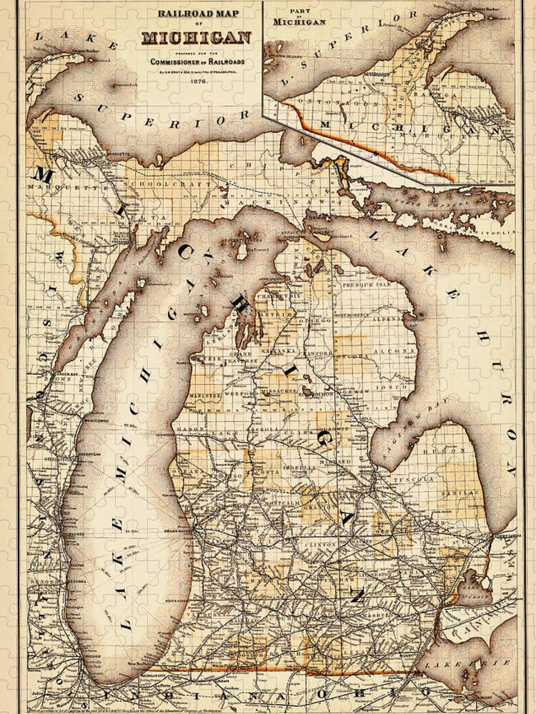 Michigan Jigsaw Puzzle featuring the photograph Vintage Railroad Map of Michigan 1876 Sepia by Carol Japp
