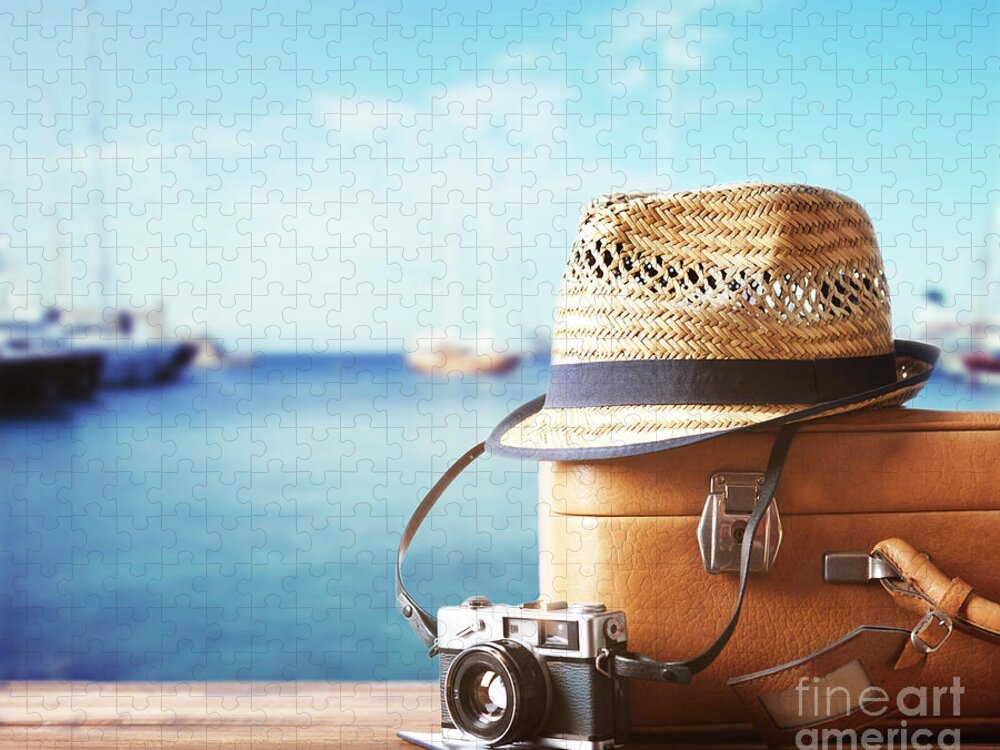 Travel Jigsaw Puzzle featuring the photograph Vintage suitcase with retro camera and summer hat by Jelena Jovanovic
