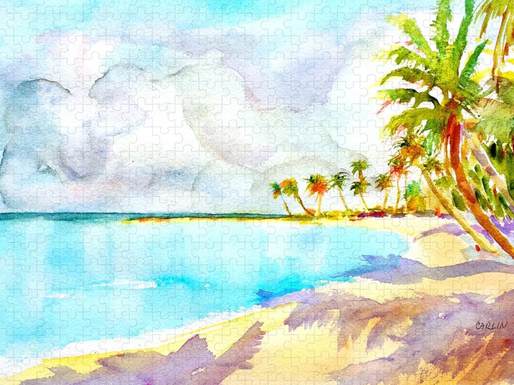 Tropical Beach Jigsaw Puzzle featuring the painting Virgin Clouds by Carlin Blahnik CarlinArtWatercolor