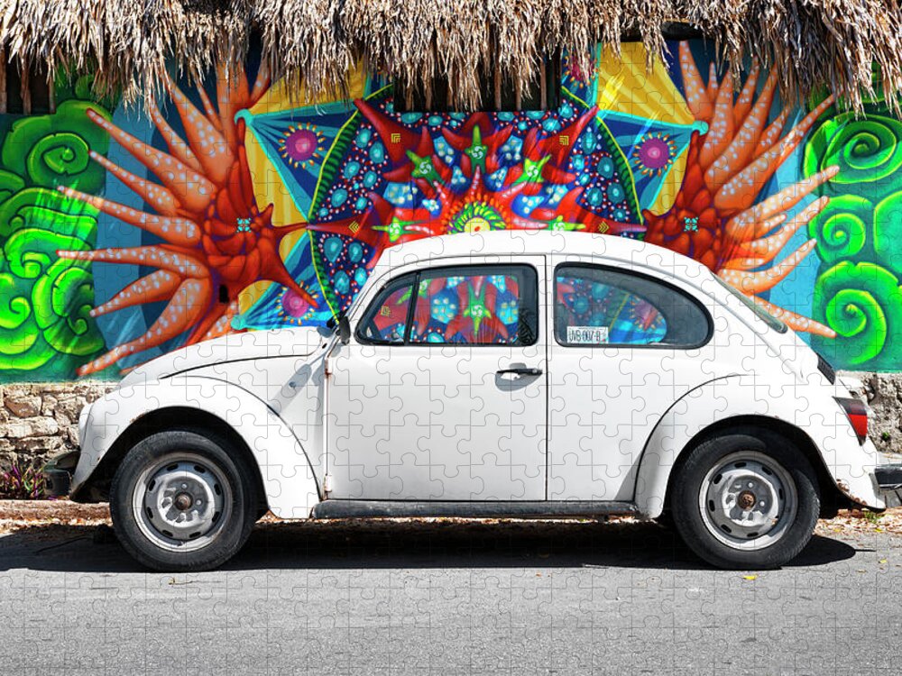 Mexico Jigsaw Puzzle featuring the photograph Viva Mexico Collection - Cancun White VW Beetle Car by Philippe HUGONNARD
