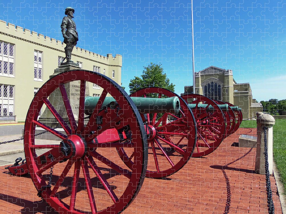 Jackson Memorial Hall Jigsaw Puzzle featuring the photograph VMI Cannons and Jackson Memorial Hall by Deb Beausoleil
