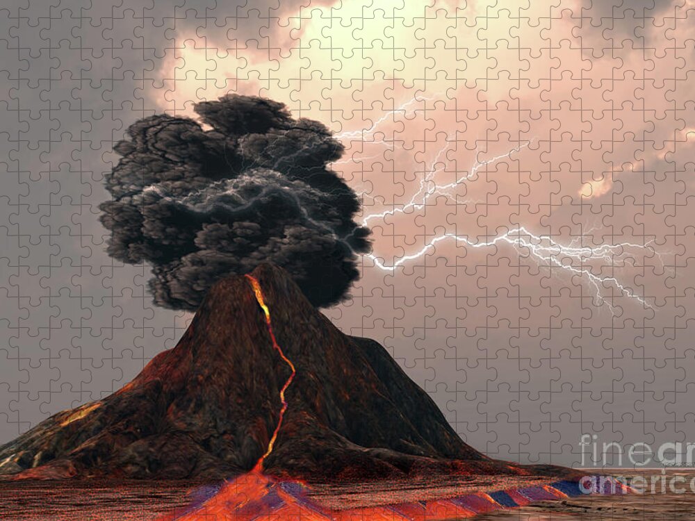 Volcanic Jigsaw Puzzle featuring the digital art Volcano and Lightning by Corey Ford