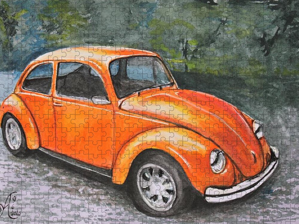 Vw Jigsaw Puzzle featuring the painting VW Beetle Tangerine by Jenny Scholten van Aschat