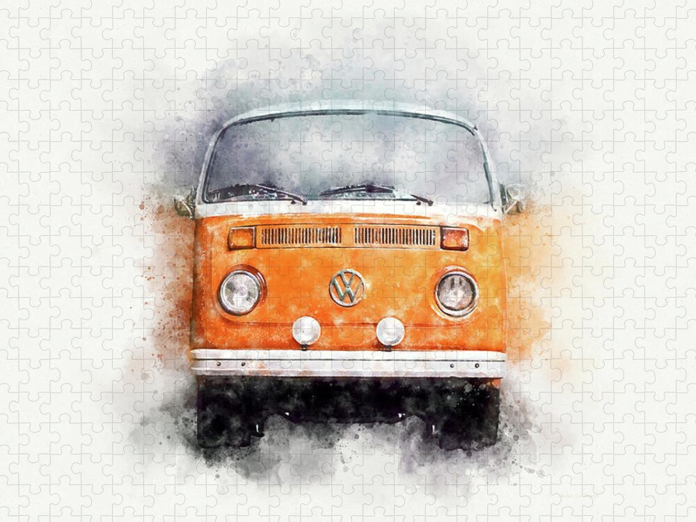 Vw Bus Jigsaw Puzzle featuring the photograph VW Bus T2 Hippie Vanlife in Orange Watercolor by Andreea Eva Herczegh