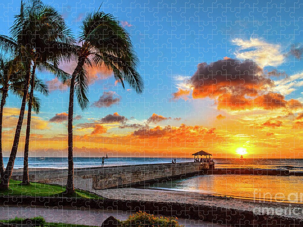 Waikiki Sunset Jigsaw Puzzle featuring the photograph Waikiki Sunset off of the Pier by Aloha Art