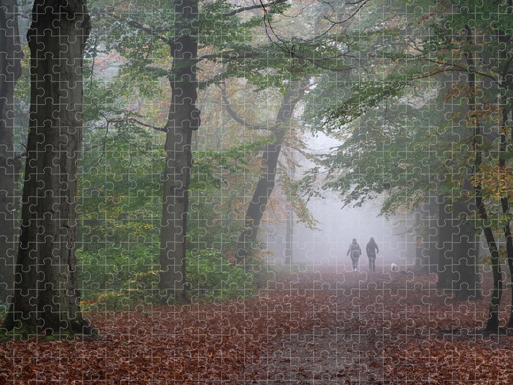 Dog Jigsaw Puzzle featuring the photograph Walking the dog on a misty morning by Anges Van der Logt