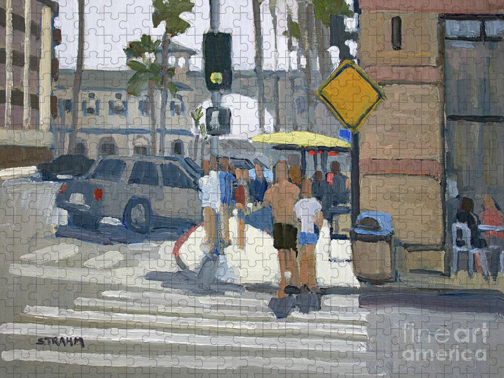 Crystal Pier Jigsaw Puzzle featuring the painting Walking to the Pier - Pacific Beach, San Diego, California by Paul Strahm
