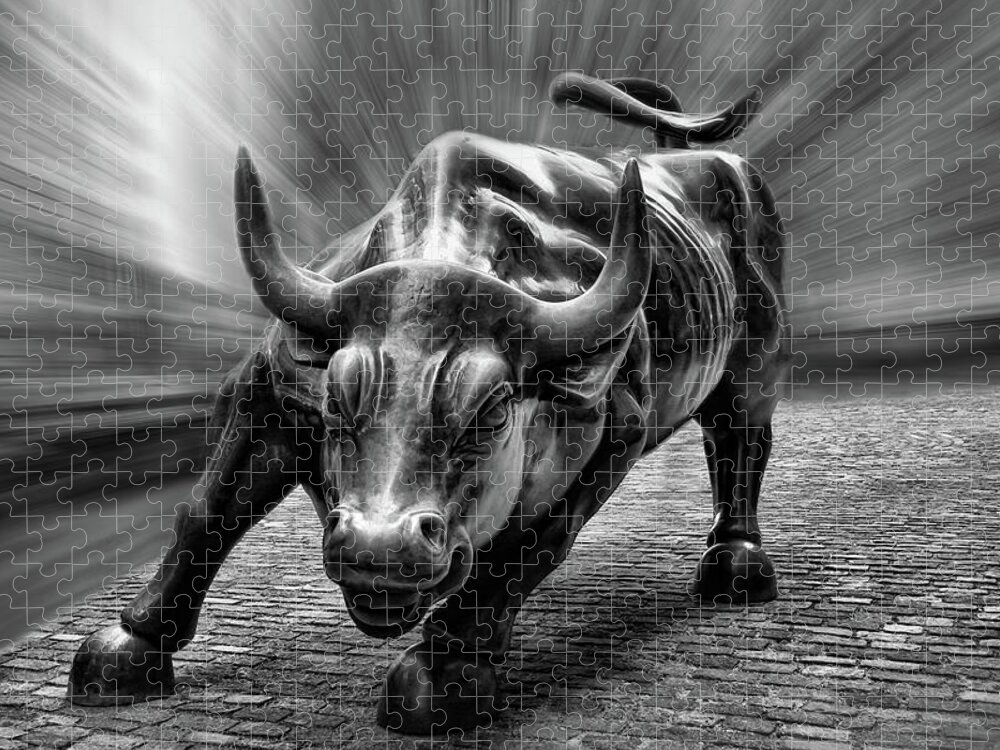 Wall Street Bull Black And White Jigsaw Puzzle featuring the photograph Wall Street Bull Black and White by Wes and Dotty Weber