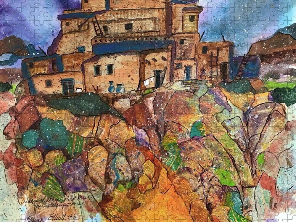Ancient Dwelling Jigsaw Puzzle featuring the painting Walpi Village Pueblo by Elaine Elliott