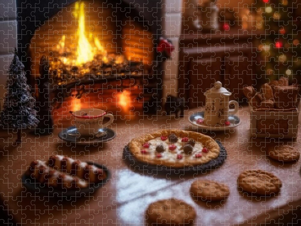 Winter Jigsaw Puzzle featuring the mixed media Warm By The Fire by Jay Schankman