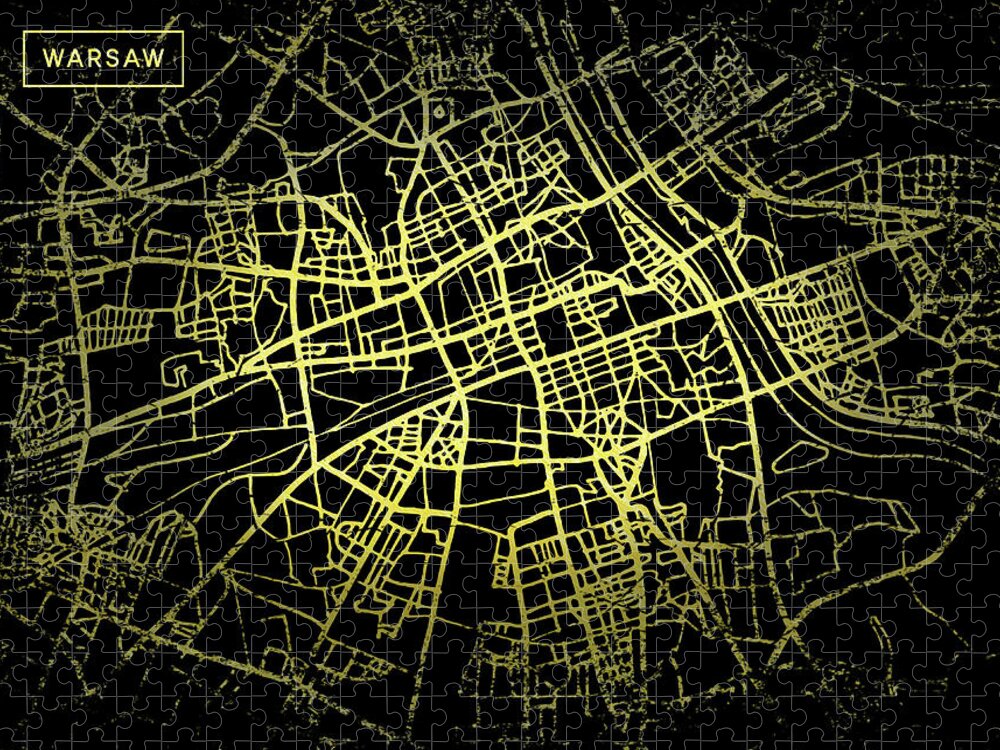 Map Jigsaw Puzzle featuring the digital art Warsaw Map in Gold and Black by Sambel Pedes