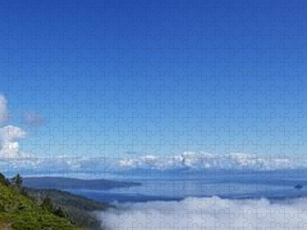 #alaska #ak #mountaintop #snow #panorama #solarpower #solarpanels #southeastalaska #clouds #rf #vhf #sealaska #spring #sprucewoodstudios Jigsaw Puzzle featuring the photograph Watchstander's View by Charles Vice