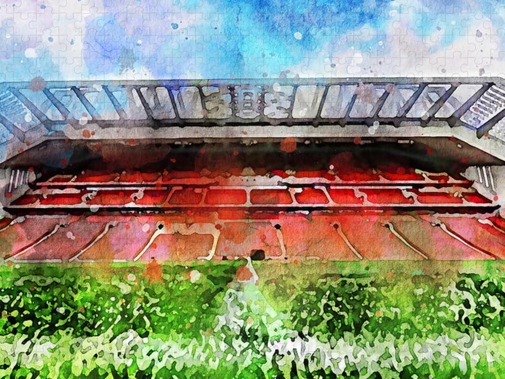 Watercolor Jigsaw Puzzle featuring the painting Watercolor 989 Liverpool Stadium Anfield Empty Stadium England Hdr Soccer Liverpool Football Stadiums Anfield Road Liverpool FC by Edgar Dorice