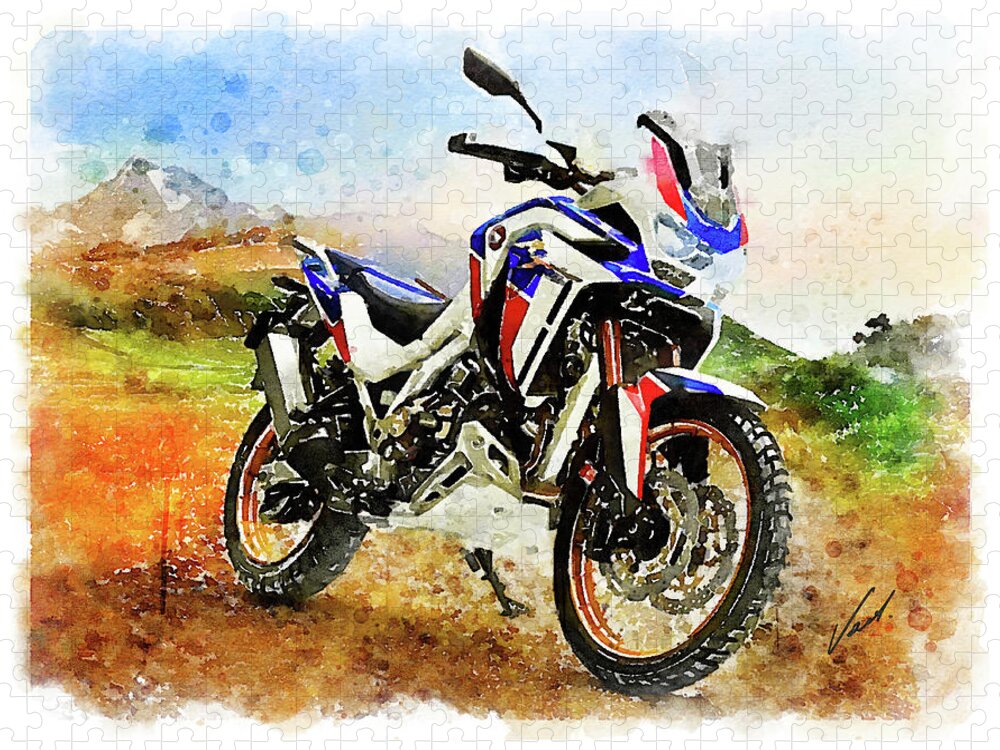 Art Jigsaw Puzzle featuring the painting Watercolor Africa Twin Adventure motorcycle by Vart by Vart