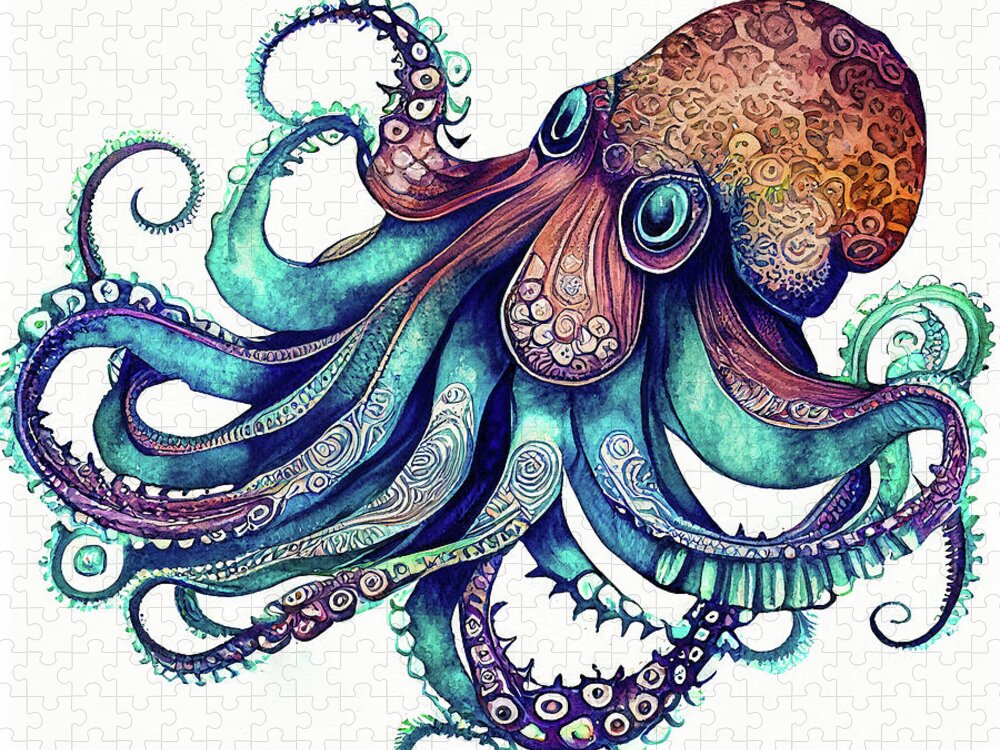 Octopus Jigsaw Puzzle featuring the digital art Watercolor Animal 05 Octopus by Matthias Hauser