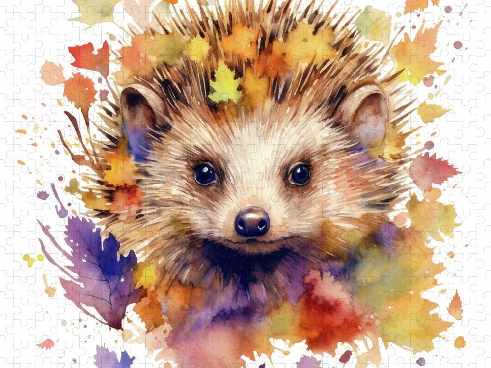 Hedgehog Jigsaw Puzzle featuring the digital art Watercolor Animal 95 Hedgehog by Matthias Hauser