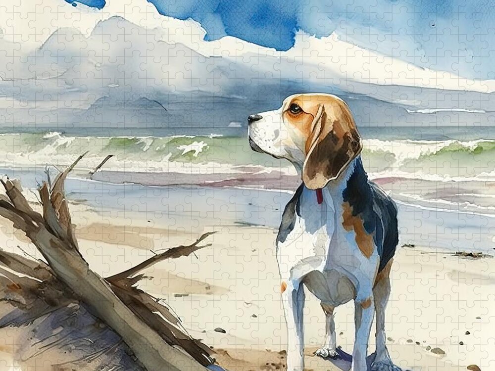 Animal Jigsaw Puzzle featuring the painting Watercolor Beagle Dog Dog At The Beach by N Akkash